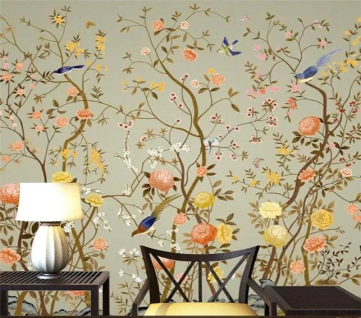 ТВ фон обои современная большая фреска современная китайская гостиная спальня обои 3d видеостена цветы птица лес23342087596190