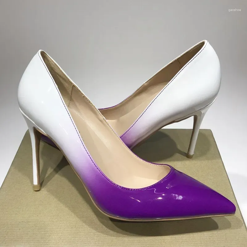 Sapatos de vestido marca concisa com gradiente branco roxo 12cm grandes saltos pontiagudos alta agulha tac