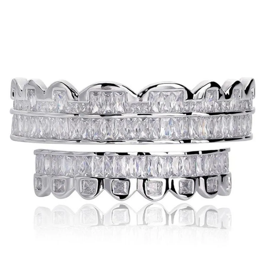 Hiphop 18k guldpläterade tänder grillz topp- och bottengrillar set med silikon verkliga glänsande grilluppsättningar bling kubiska zirkonkroppsmycken5291860