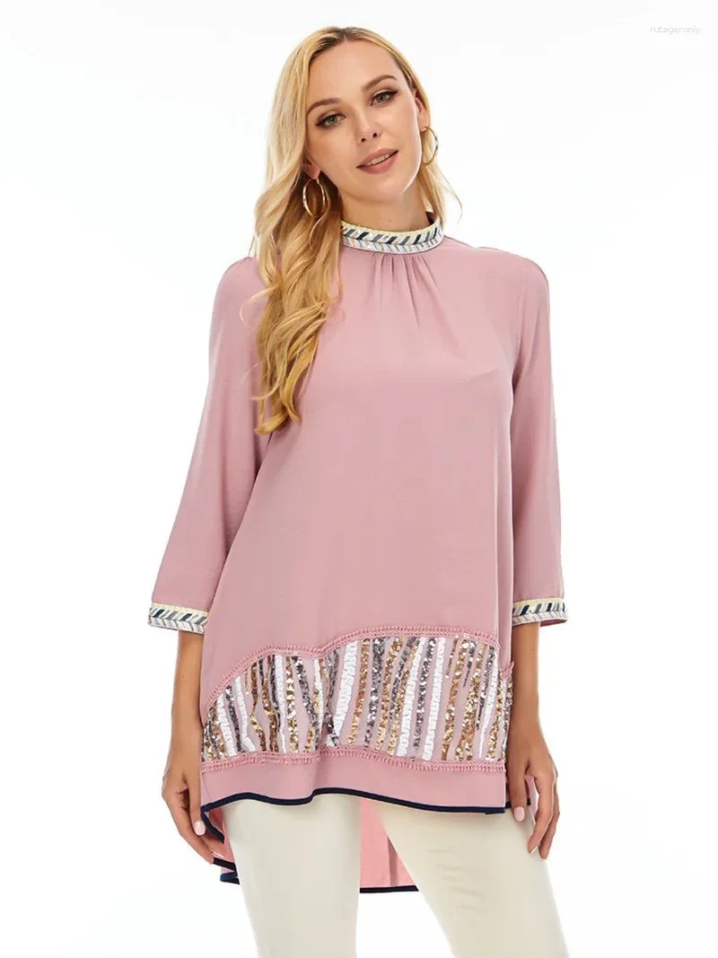 Ethnische Kleidung Chic bestickter Rand Rundhalsausschnitt Minikleid Sommer 2024 Lose lässige Damen Tops Pailletten Rosa Schwarz Weiß Grün