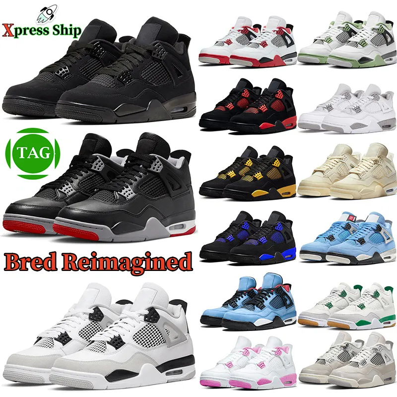 Basketskor Militär Black Cat 4 Bred Reimagined Jumpman Pine Green Yellow Thunder Men Women White Oreo 4s Fire Red Unc Mens Trainers Sport Sneakers Storlek 5.5-13