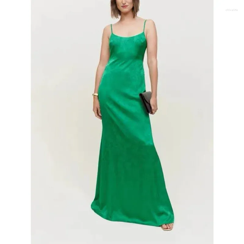 Casual Dresses 2024 Summer Arrivals High Quality Green Silk Luxury Backless Square Neck Women Camisole Midi Dress For Party