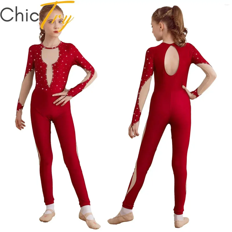 Stadiumkleding kinderen meisjes ballet gymnastiek jumpsuit mager unitard bodysuit lange mouw terug sleutelgat mesh kunstschaatsen danskostuum