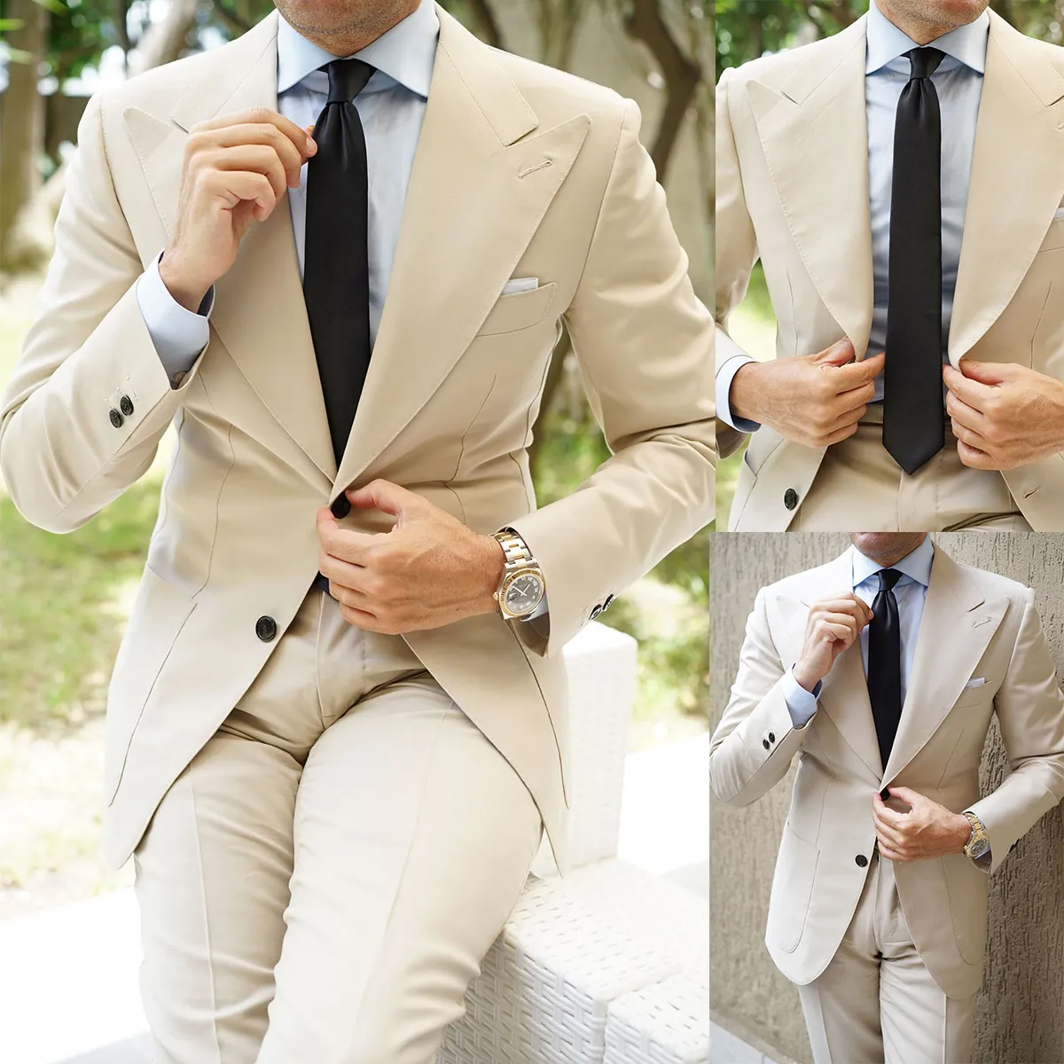 ヴィンテージアイボリーの男性スーツウェディングピークラペル2ボタンGroom Tuxedo Slim Bridegroom Suits 2ピース（ブレザーパンツ）カスタムサイズ