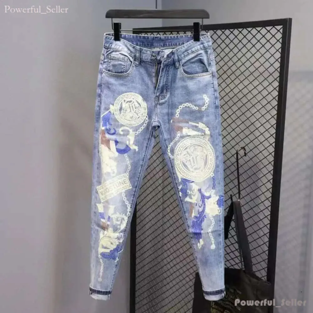 Paars Merk Paarse Jeans Herenjeans High Street Blauw Gebroken Gat Denim Broek Distressed Slim Fit Gewassen Broek Groothandel 2 Stuks 10% Korting 5235