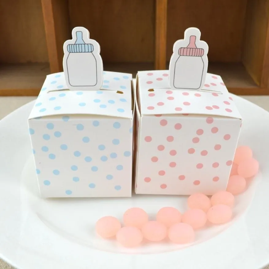 50st Baby Bottle Shape Present Box och blå prickar Tecknad Baby Shower Birthday Favor Candy Boxes Celebration Party Paper Box206Q
