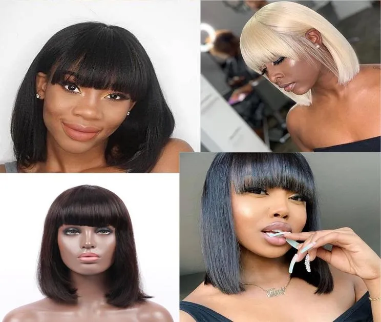 Perruques péruviennes droites courtes Bob 100 avec frange dentelle avant perruques de cheveux humains pour les femmes Non Remy Bob Wigs4356565