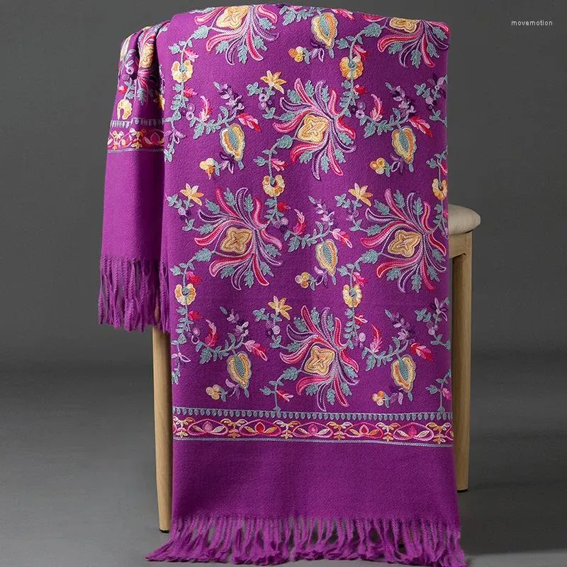 Lenços roxo bordado flor xale envolve cashmere mistura mujer bufanda cachecol echarpes poncho capa grossa quente