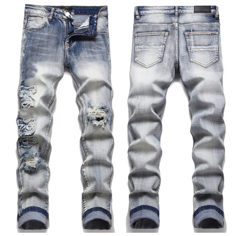 Мужские джинсы Элитный бренд Мужские светло-голубые уличные раскраски с рисунком Поврежденные рваные узкие брюки Джинсовые брюки