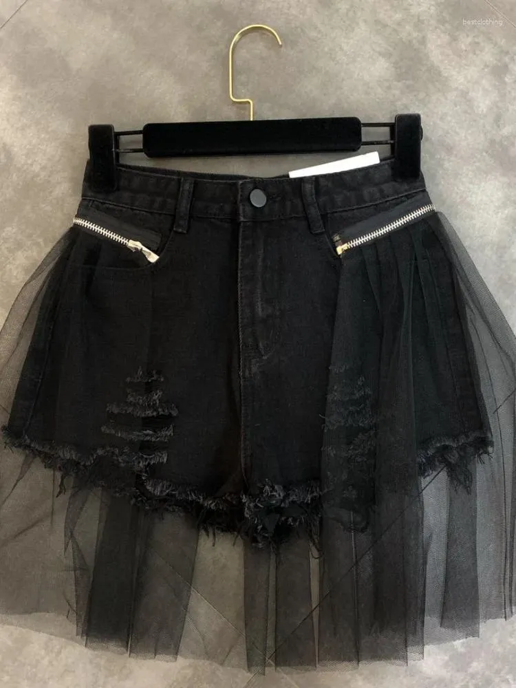 Shorts femininos sexy menina cintura alta magro ajuste preto verão retalhos destacável de duas peças moda denim para senhoras