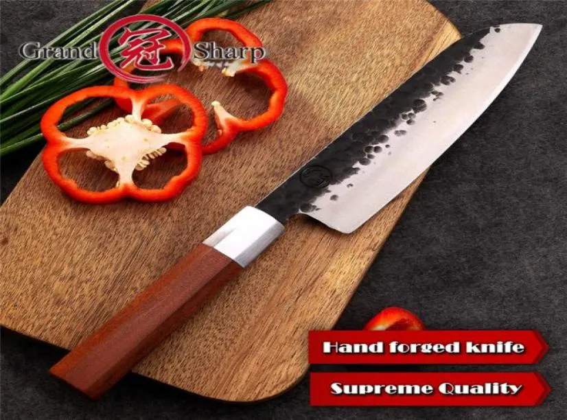 Couteau Grandsharp Santoku 7 pouces couteaux de cuisine faits à la main couteaux de cuisine japonais en acier à haute teneur en carbone Chef039s outil de cuisson à trancher9531810