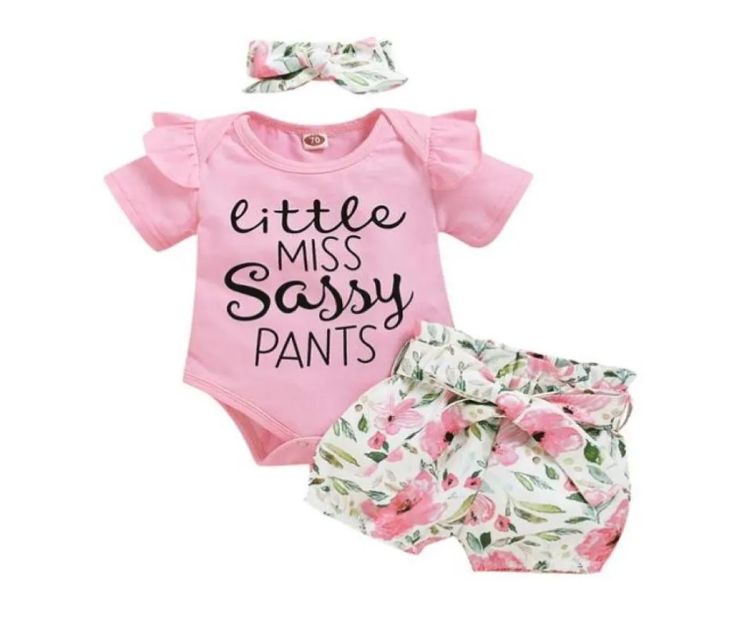 Nyfödda småbarn baby flicka sommar söta kläduppsättning bokstäver tryck kort ärm romper blommor shorts med pannband 3 st -outfit18749192448155