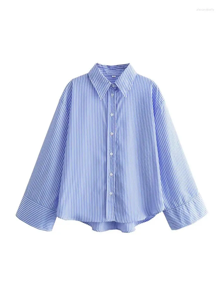 Bluzki damskie Zadata moda swobodna wszechstronna, luźna niebieska pasiastka lapa retro z długim rękawem koszula