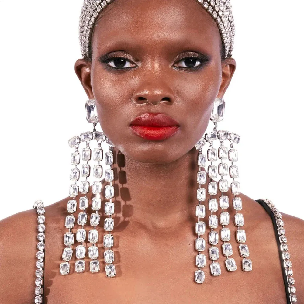 Boucles d'oreilles pendantes en cristal surdimensionnées, bijoux de mariage faits à la main, longues franges, accessoires pour filles, 240313