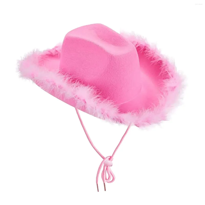 Berets Osobowość Puszysty pióra Brim Cowboy Hat Wide Pink Cowgirl All-mecz dla Mardi Gras Rave grający w akcesoria ubierania się