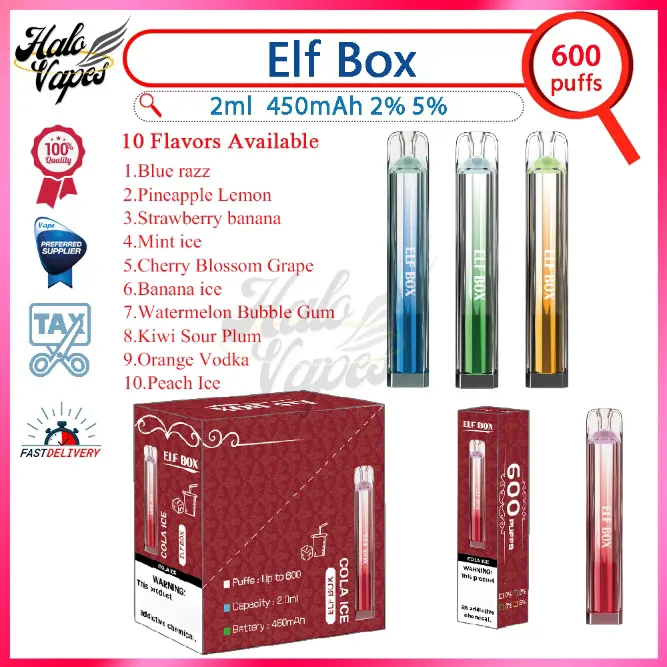 Elf Box 600 Puff 2% 5% 2ml Pod pré-rempli 450mAh Batterie 10 Saveurs Jetable Vape Pen Puffs 600 Kit