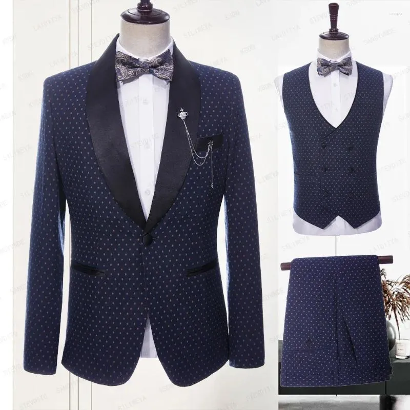 Costumes pour hommes élégants points hommes 2024 mode formelle châle revers simple bouton mince mâle costume fête bal mariage marié smoking 3 pièces