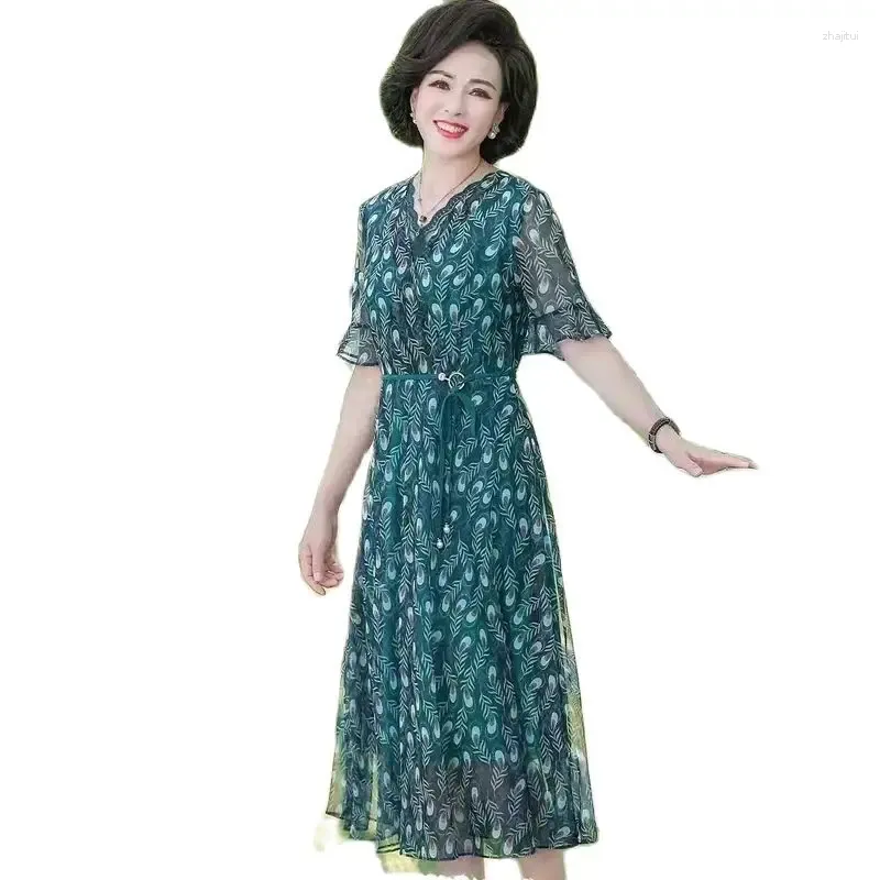 Party Dresses Middle-Aged Mother Summer Chiffon Skirt Western Style Short-Sleeved 2024 40-Year-old 50-Year-Old Women Dress Tide