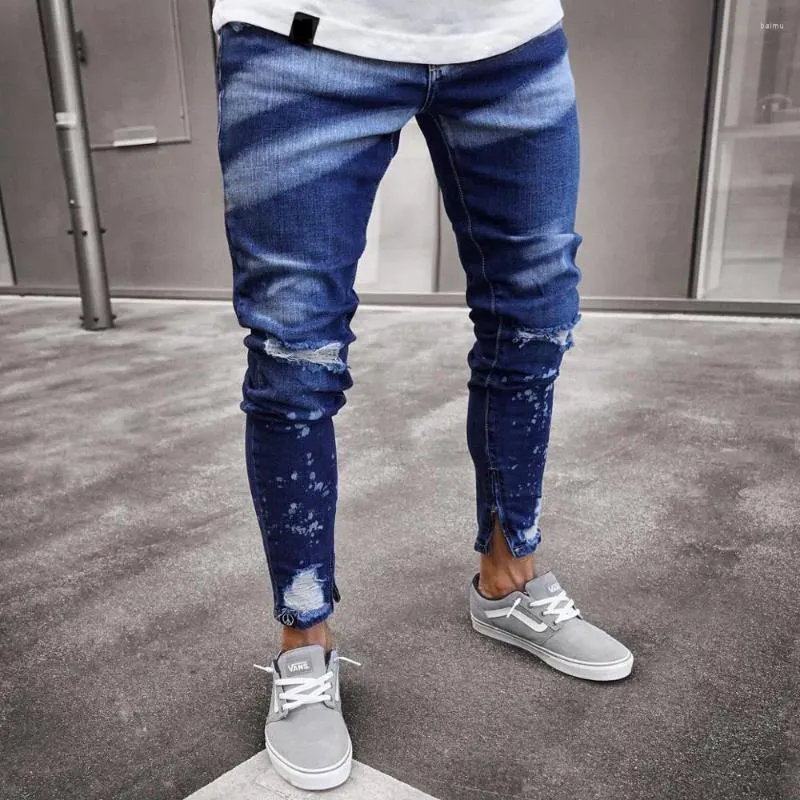 Jeans pour hommes Mens Hole Skinny Mode Lavé Rayé Ripped Slim Denim Pantalon pour hommes Y2K Mâle Hip Hop Zipper Pied Jean Pantalon