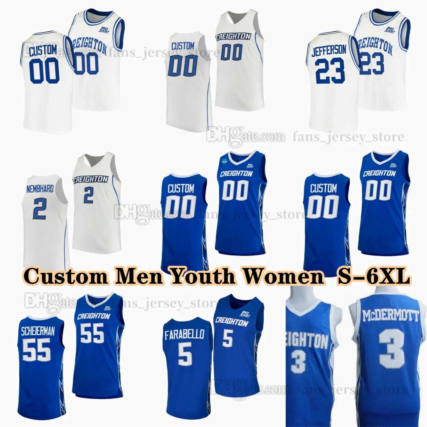 NCAA Custom S-6XL Creighton Bluejays College Basketball 55 maglie Baylor Scheierman 23 Trey Alexander 11 Ryan Kalkbrenner 1 Steven Ashworth Mason Miller Farabello