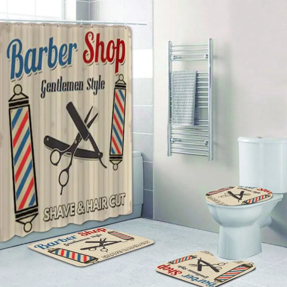 Vintage Barber Shop Shower Curtain Set for Bathroom Barber Shop Decor Toilet Bathtub Accessories Bath Curtains Mats Rugs Carpets F314N