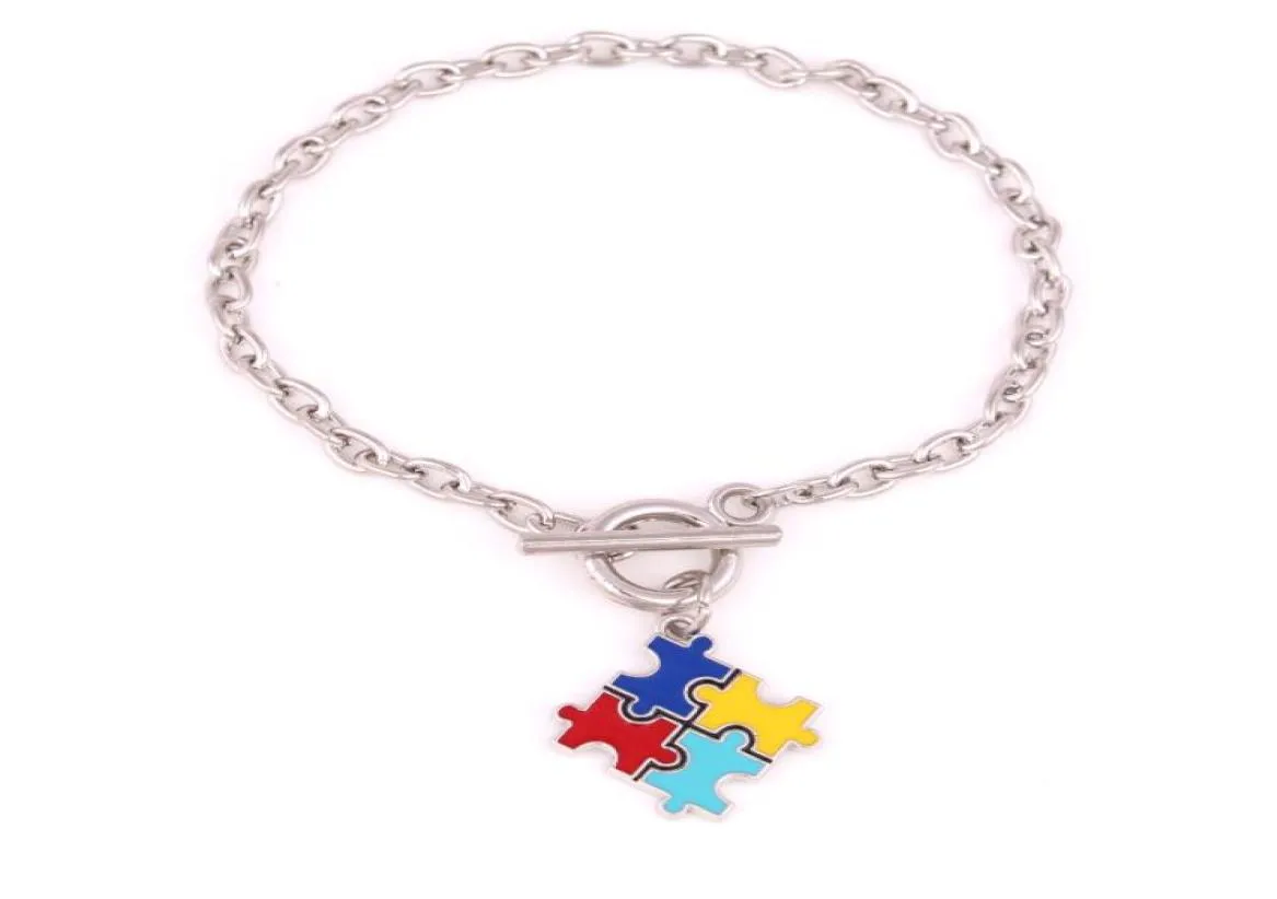 Aprivot Fu chaîne à maillons de blé Hope Multi émail sensibilisation à l'autisme Puzzle pièce de Puzzle breloque homard griffe Bracelet 5107596