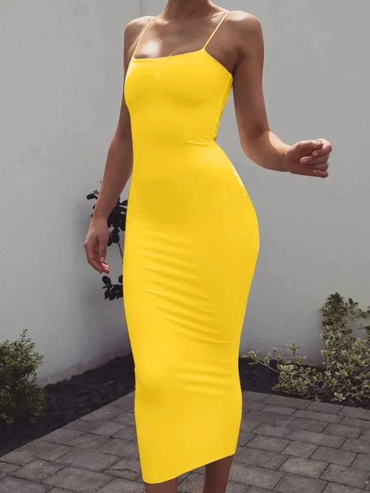 Sexy en elegante body-wrapping Maxi Bodycon-jurk met hoge taille dames spaghetti schouderband effen kleur mouwloze jurk club party vest 240219