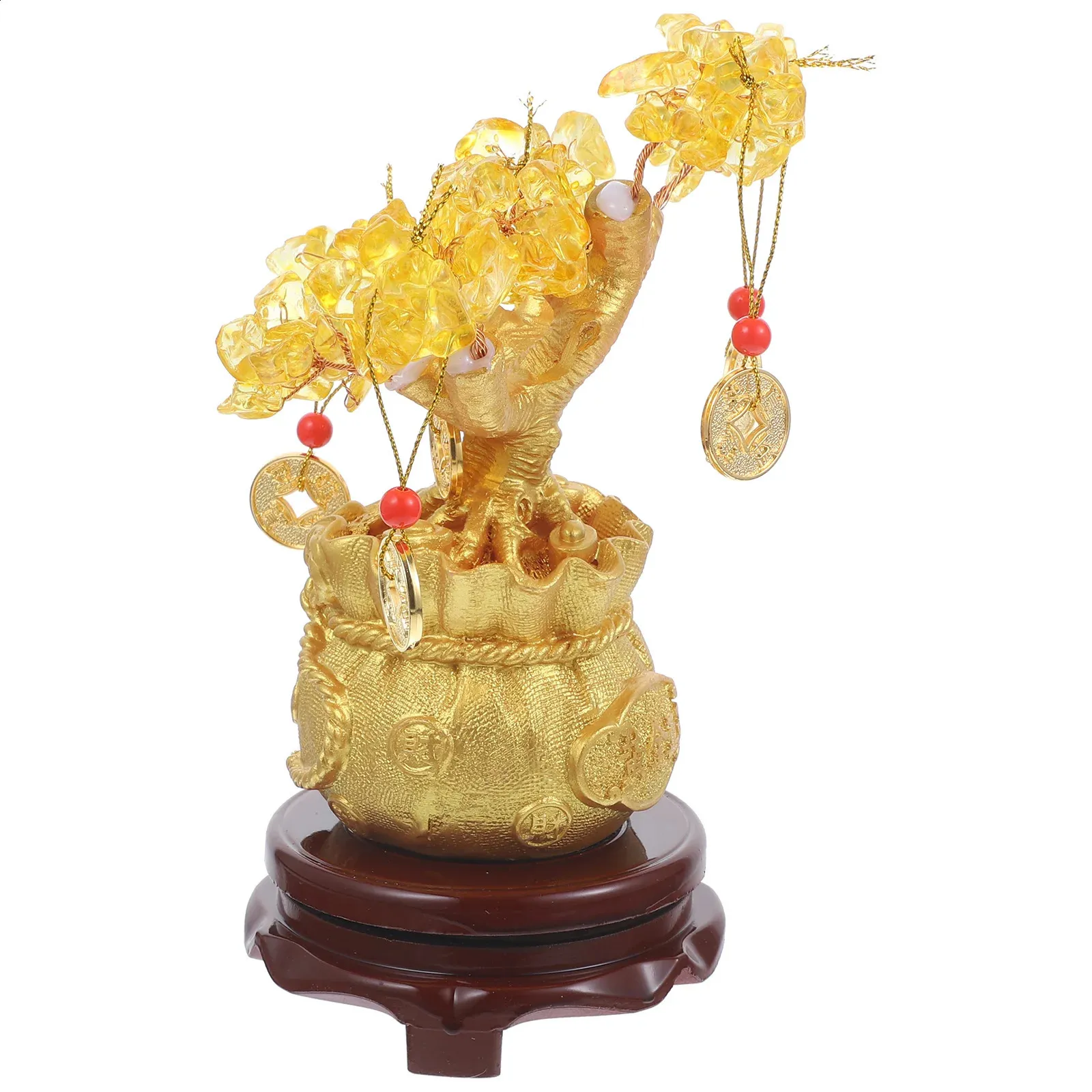 Gold Desk Decor Golden Tree Reiki Staty Figurine Stone Wood Wealth Office Natural Home Bonsai Leaf Set 240129