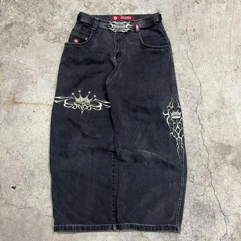 Мужские джинсы Уличная одежда JNCO Y2K Брюки Harajuku Ретро хип-хоп с узором Свободные джинсовые черные готические брюки с высокой талией и широкой талией