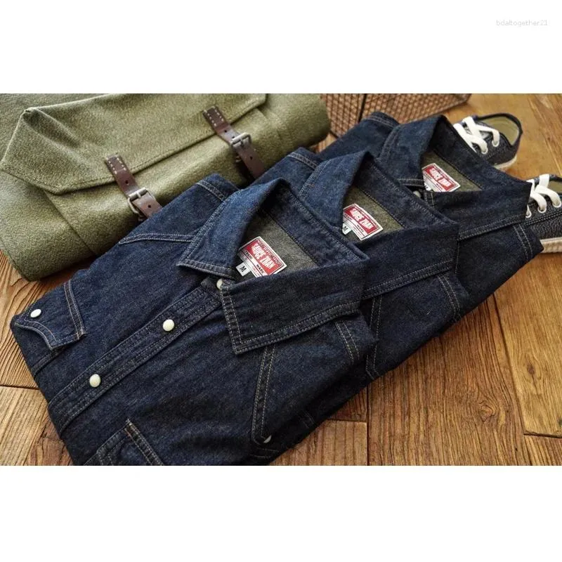 Camisas casuais masculinas Molho Zhan Mans Camisa Jeans Vintage Algodão e Linho Ocidental Cowboy Manga Longa Denim Bolsos Duplos