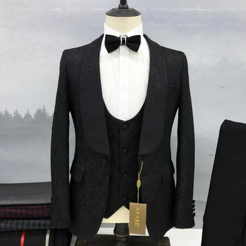 Ternos masculinos homens terno para casamento jaqueta de luxo colete calças três peças branco preto xale lapela único breasted magro ajuste blazer feito sob encomenda