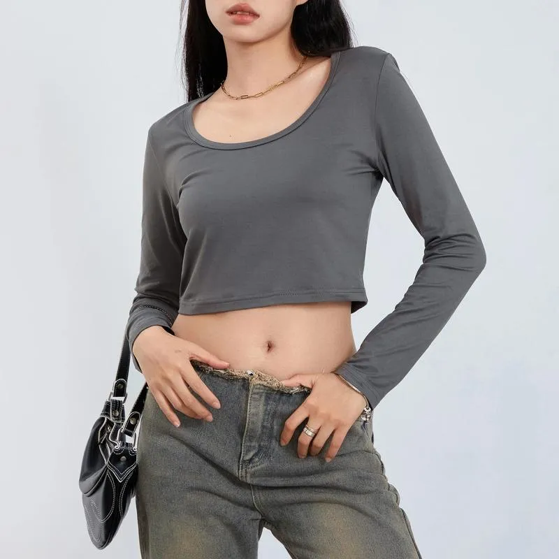 T-shirts pour femmes T-shirts courts décontractés pour femmes Couleur unie Manches longues Col rond Pulls Street Basic Crop Tops Femme Slim Fit Plain