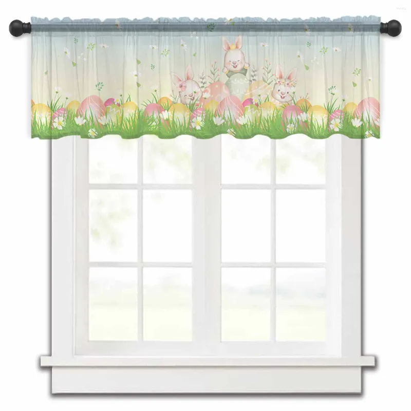 Rideau fleur oeuf herbe dessin animé pâques cuisine rideaux Tulle transparent court salon décor à la maison Voile rideaux