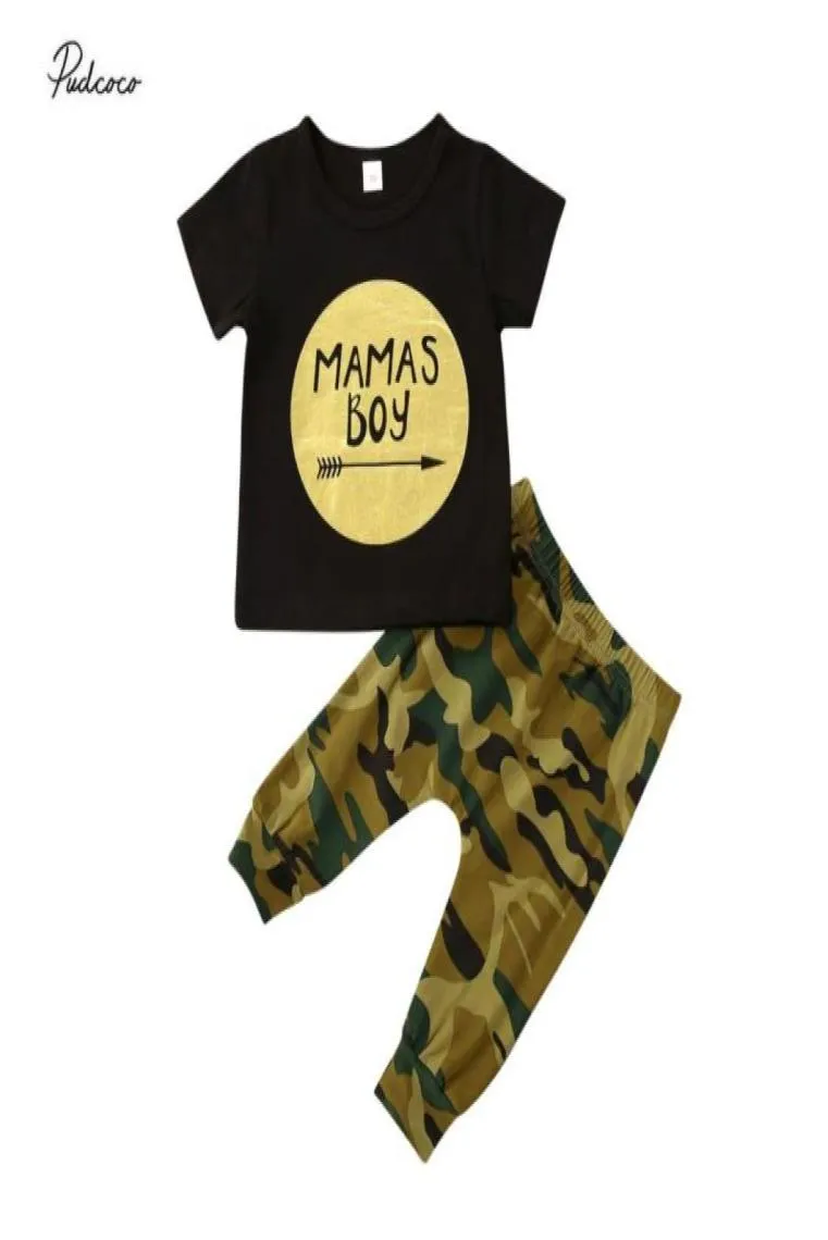 Комплект одежды для маленьких мальчиков MAMA с буквенным принтом 024M, черная футболка с буквенным принтом, топы, длинные брюки с камуфляжным принтом, повседневный детский комплект2565620