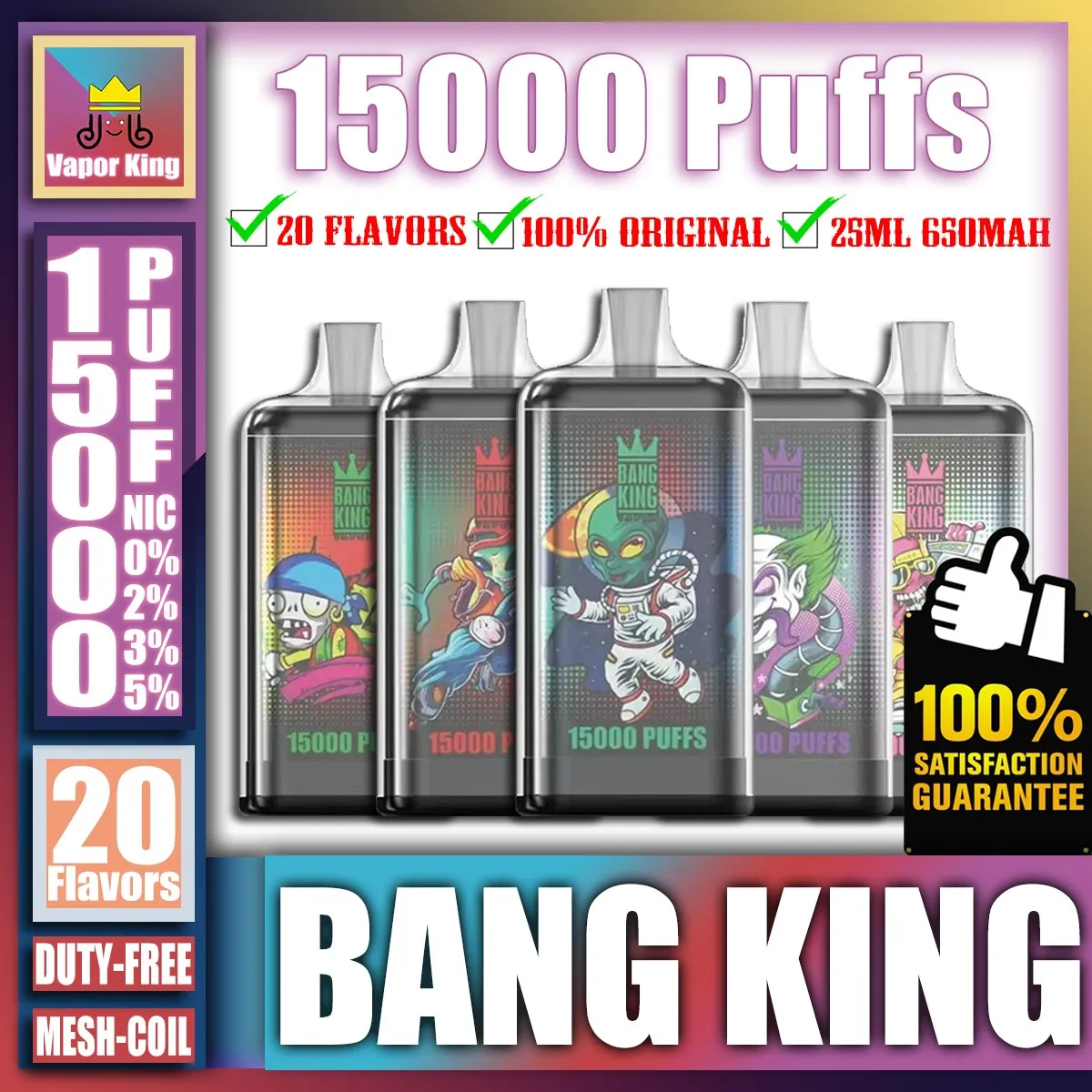 Original Bang King 15000 15K Puff 15000 15K Recarregável Vape Pen E Cigarro Malha Bobina 25ml Pré-preenchido 650mAh Bateria Caixa de Cristal 2024 Vape Mais Popular