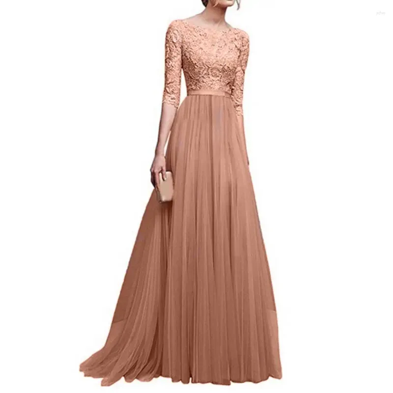 Casual Dresses Women Prom Party Dress Round Neck Lace Flower Embroidery Half Sleeve Tight Waist Floor Length Pleated Lady Maxi Evening