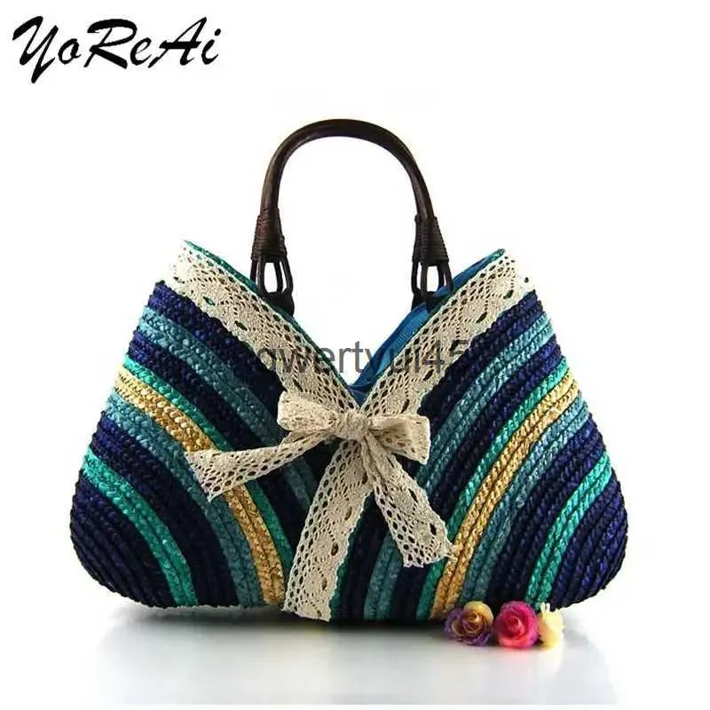 Totes YoReAi été andmade sacs pour femmes vacances couleur rayures sac de paille tissé panier dentelle fourre-tout andle Lady andbagsH24219