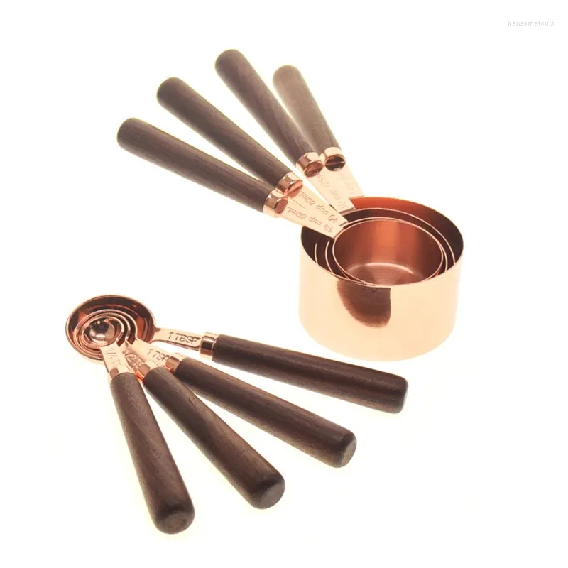 Strumenti di misurazione Tazze Cucchiai Set Manico in legno Acciaio inossidabile placcato Rame Paletta in metallo Kit da forno Accessori da cucina