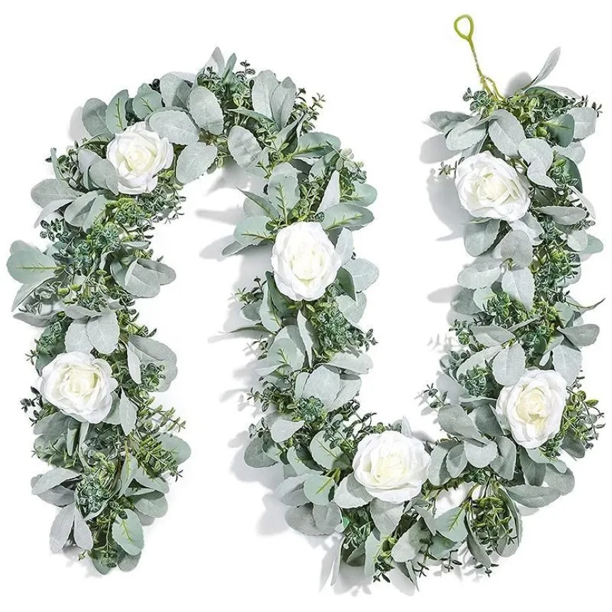 Dekorative Blumenkränze, 6 x 2,1 m, Eukalyptus-Girlande mit Blumen, Lammohren, Grün, weiße Rosen, gefälschte Ranken für Hochzeitstisch, Ma300P