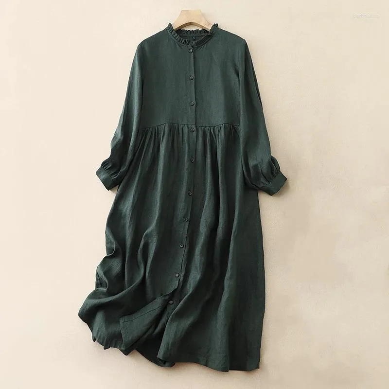 Vestidos casuais algodão vintage para mulheres primavera outono vestido elegante manga longa estilo coreano escritório senhora trabalho roupas de moda