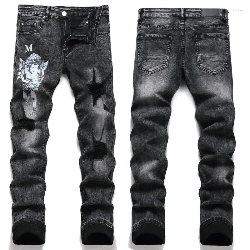 Jeans masculinos streetwear anjo impressão carta preto magro rasgado estiramento magro highstreet biker denim calças homens roupas de marca