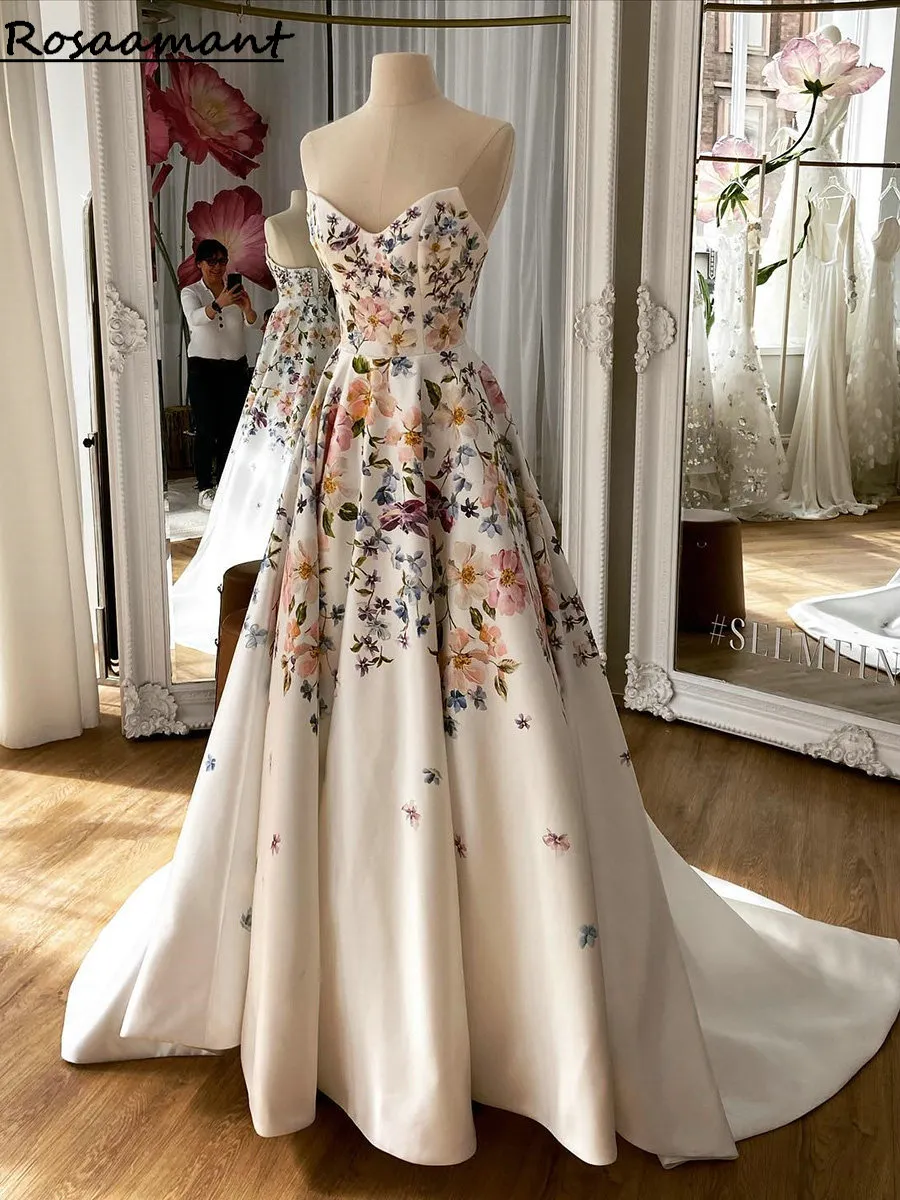 Real Image Floral Print Satin Wedding Dresses A-Line Sweetheart Sleeveless Boho Country Bridal Gowns