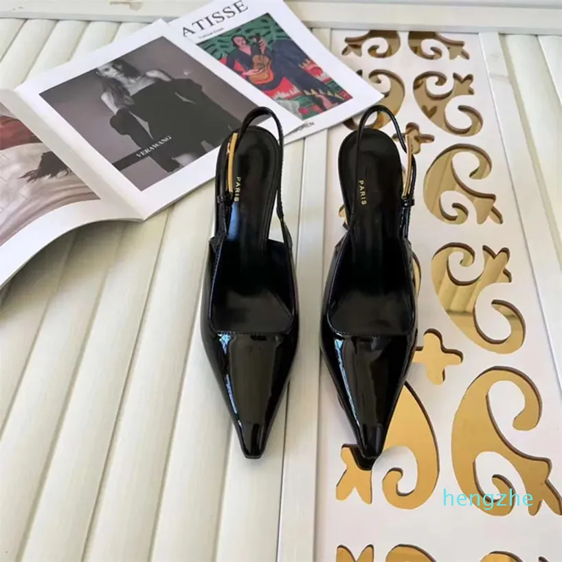 Sandálias femininas pontiagudas dedo do pé preto couro estilingue cinta fivela designer festa de casamento sandália salto alto