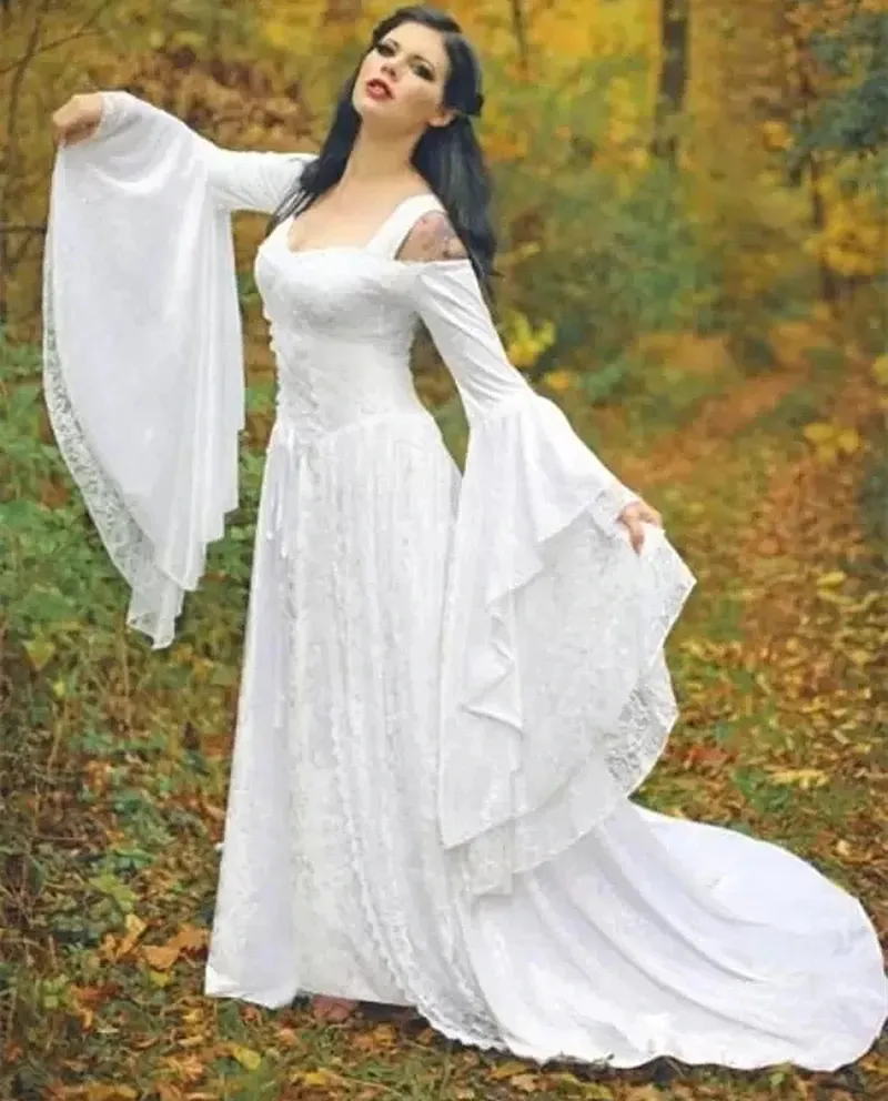 Vintage Lace Off-Shoulder witchy wedding dress with Flare Long Sleeves and Fairy A-Line - Perfect for Halloween and Victorian Bridal Gowns - Available