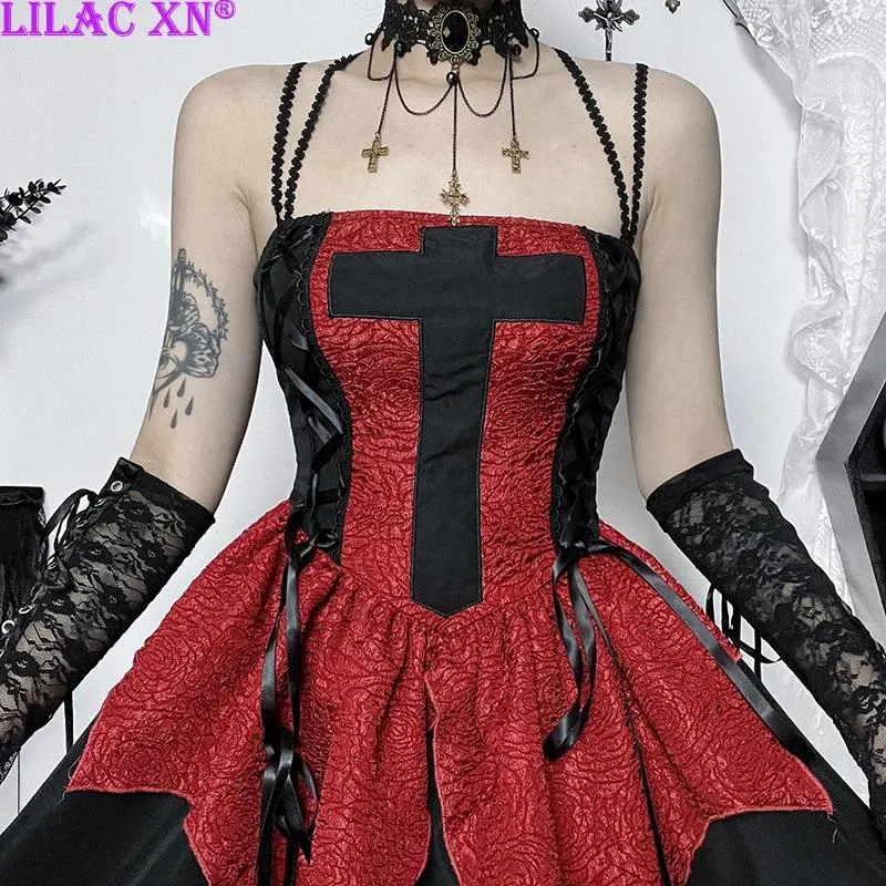 Abiti casual Goth Croce Rossa Fasciatura Senza maniche Party Sexy Vintage Lace-up Backless Mini Abito Lolita Y2K Elegante Donna Corto