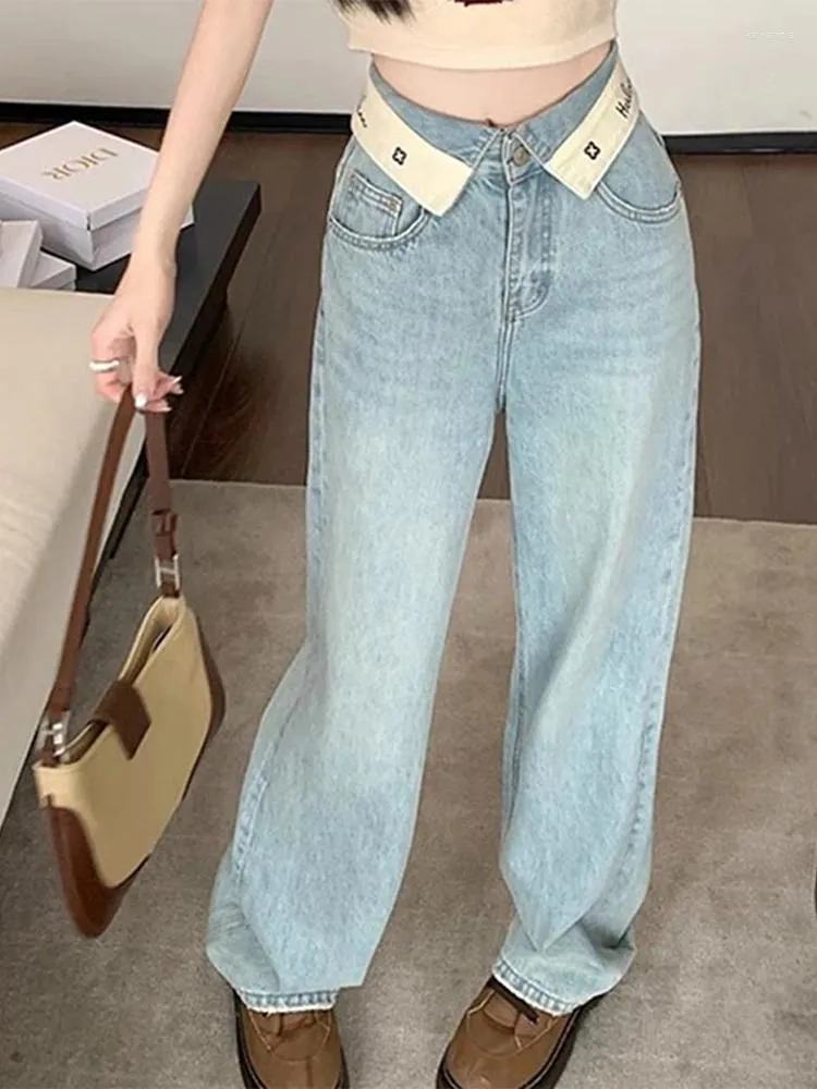 Pantalon femme femme rabat lettre patchwork jean droit printemps américain simple surdimensionné taille haute décontractée streetwear dame jambe large