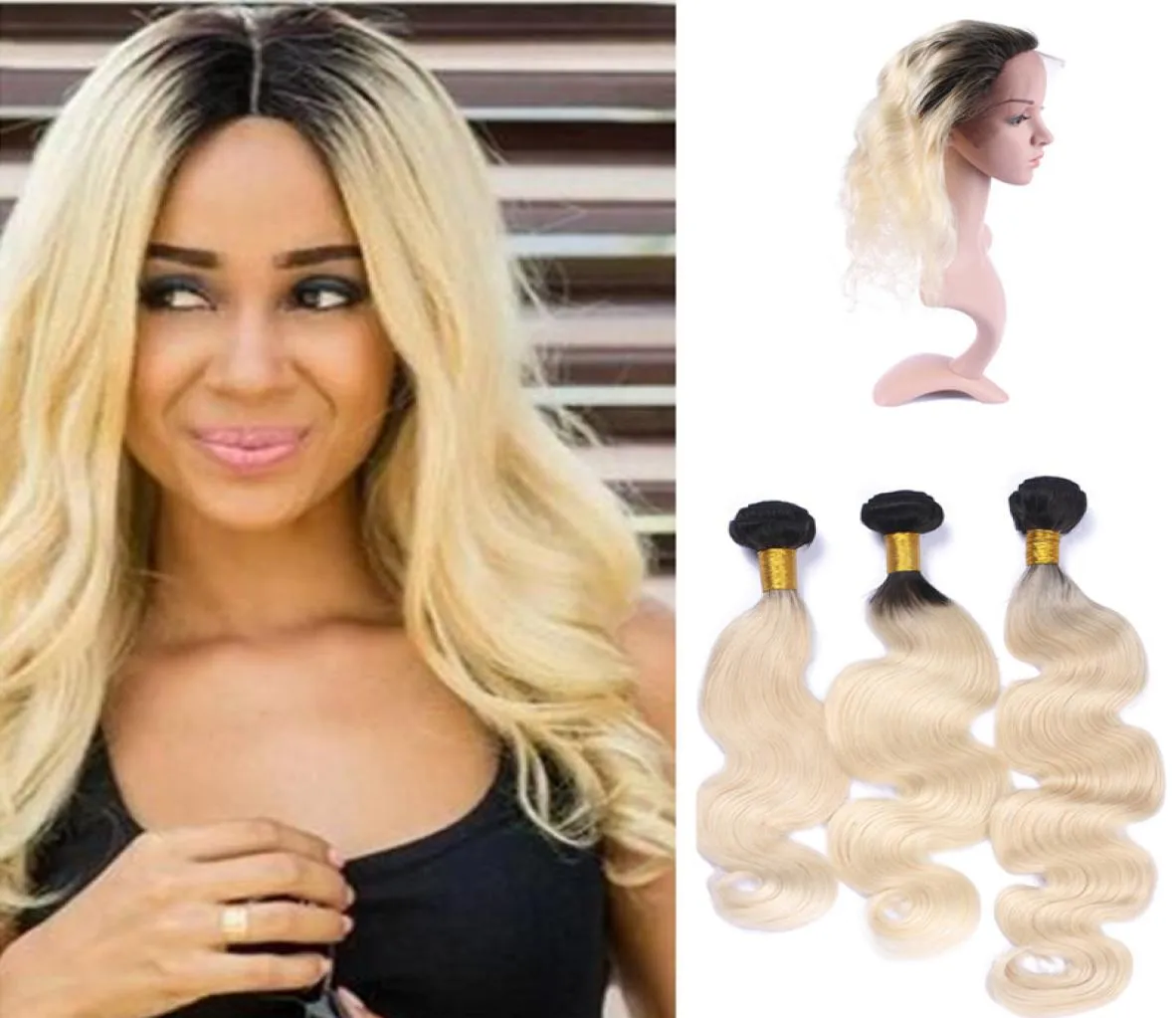 Dark Root 1B 613 Body Wave Human Hair Bunds With 360 Full Lace Band Frontal Stängning 13x4x2 med babyhår Mellandel 6833571