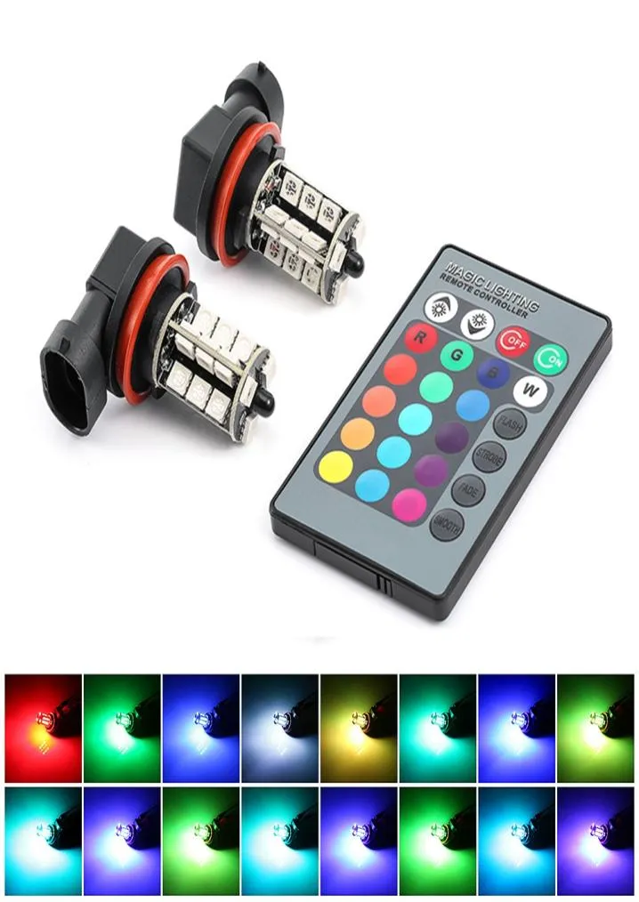 Luci di marcia diurna a led per auto Fendinebbia RGB per auto 27SMD colorato H11 con telecomando Flash stroboscopico 16 modelli1932338