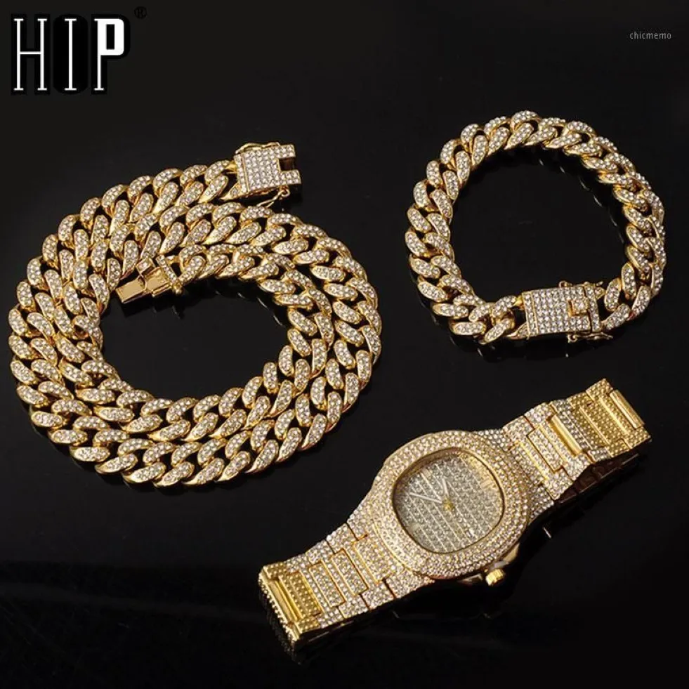 Necklace Watch Bracelet 3pcs kit Hip Hop Miami Curb Cuban Chain Gold Full Iced Out Paved Rhinestones CZ Bling For Men Jewelry1230i