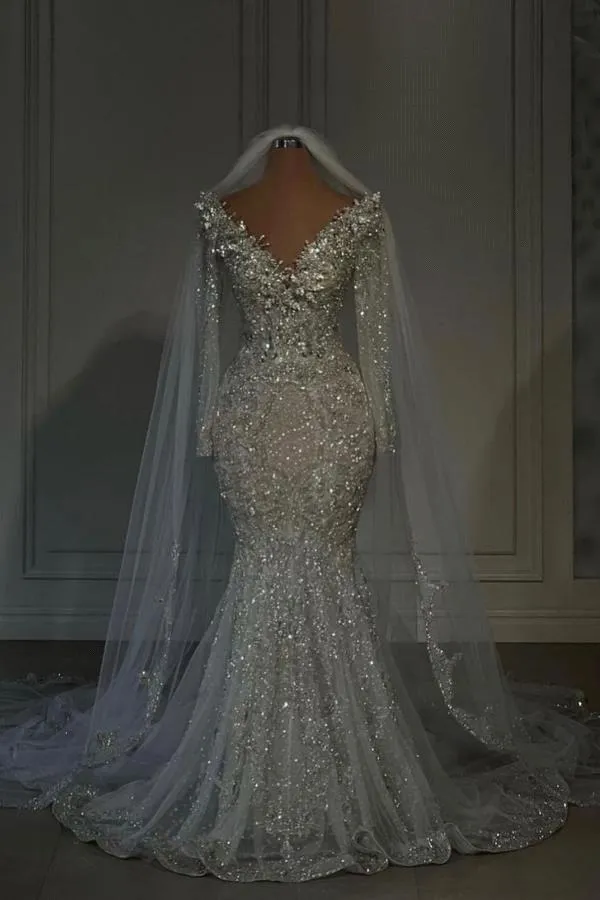 Fairytale Mermaid High Neckline Sequin Silver Wedding Dress With Beads C1259 main image 0